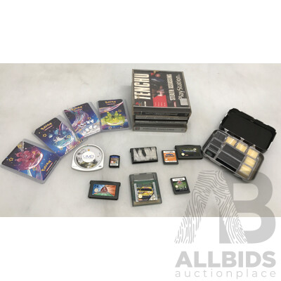 Collection of Assorted Nintendo, PlayStation One, PSP, and PSP Vita Games with Pokemon Trading Cards and Moogoo Game
