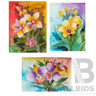 G.M. Choo, (20th Century), Orchids, Set of Three Lovely Original Dye & Gutta on Fine Fabric Panels, 34 x 25 cm (3)