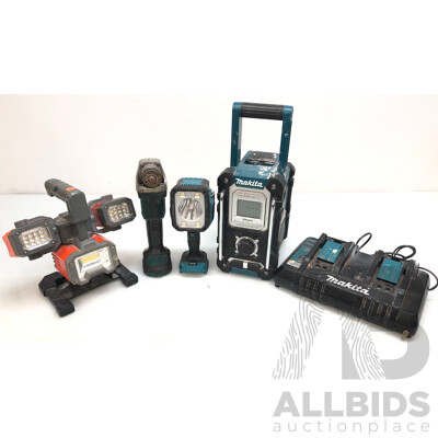 Three Makita 18 Volt  Lithium Ion Cordless Power Tools and Battery Charger - Skins Only with EP360 Rechargeable LED Worklight