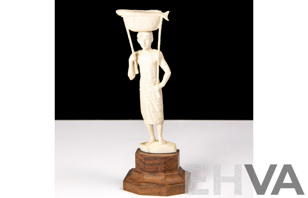 Antique Japanese Hand Carved Ivory Okimono of Fisherman with Fish in Basket, on Wooden Stand