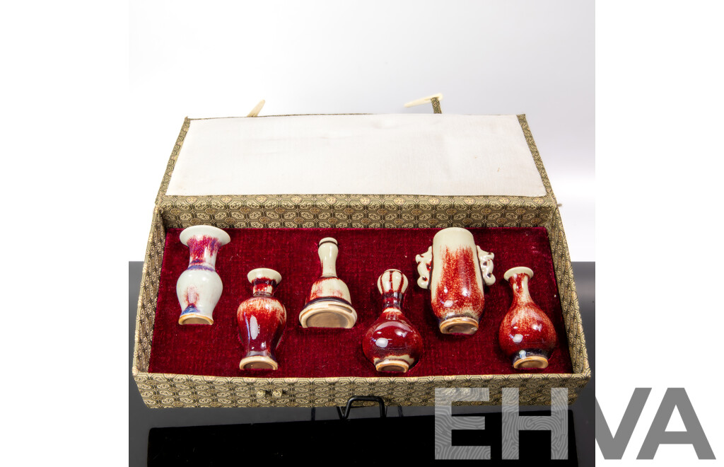 Collection Six Miniature Chinese Porcelain Vases with Classic Shapes and Sang De Boeuf Glaze