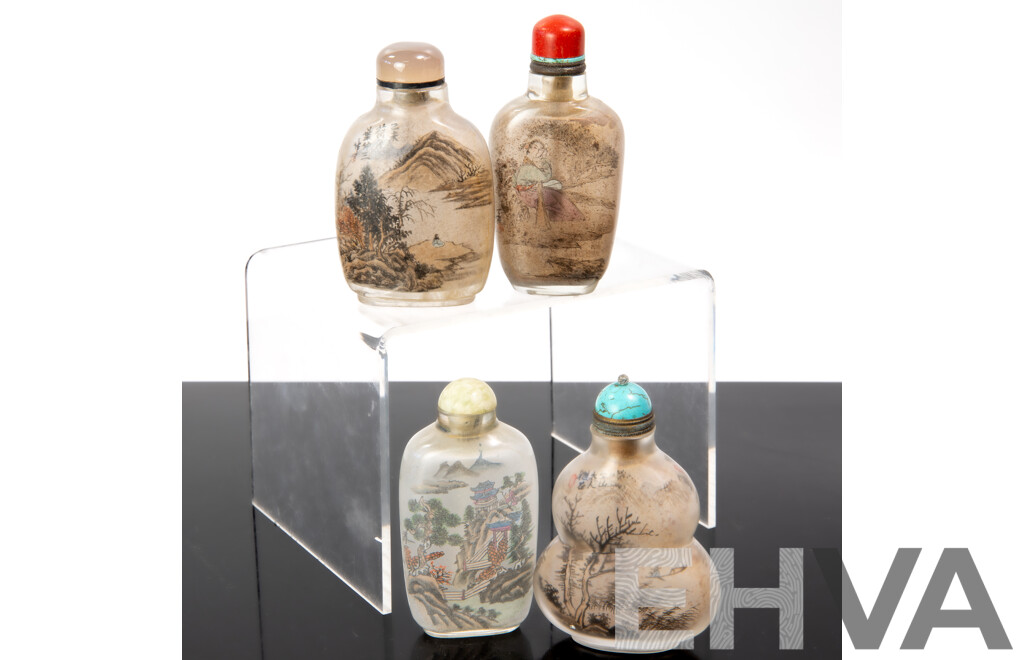 Collection Four Chinese Glass Hand Reverse Painted Scent Bottles with Turquoise, Coral, Stone & Glass Stoppers
