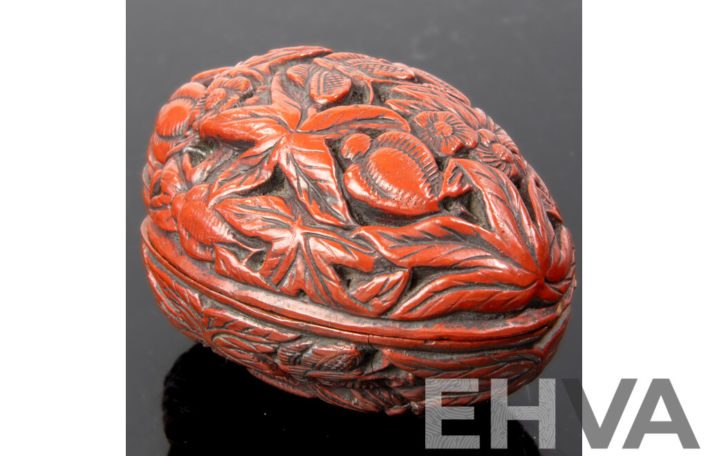 Antique Chinese Qing Cinnabar Lidded Peach Stone Form Container with Floral & Butterfly Motif