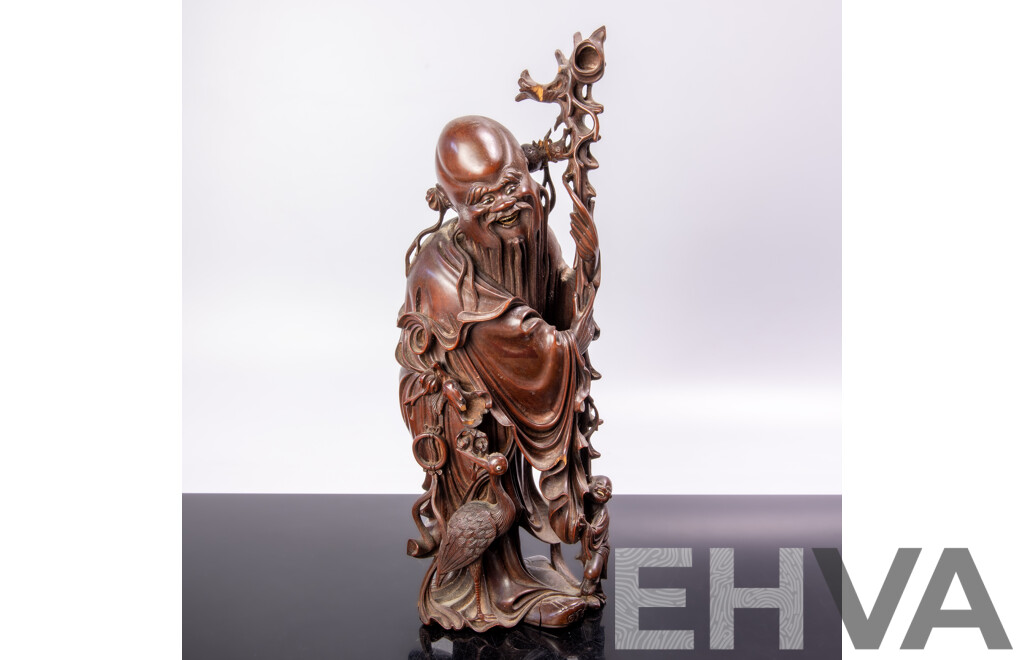 Antique Chinese Shou Xing God of Longevity Carved Wooden Figure