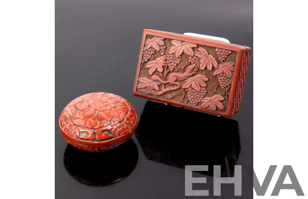 Two Vintage Chinese Cinnabar Lidded Boxes Including Example with Civet Motif to Lid