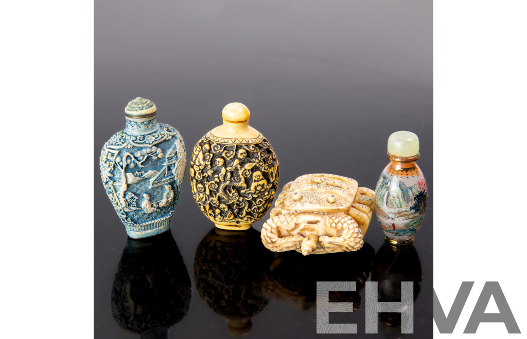 Collection Four Antique Chinese Snuff Bottles Comprising Bone Crab Form Example, Two Composite Examples & Glass Example with Reverse Painted Scene