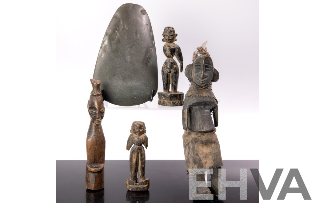 Collection Antique Tribal Hand Carved Pieces Including PNG Green Stone Axe Head and Four Wooden Figures