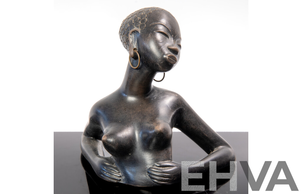 Fantastic Vintage Austrian Art Deco Leopold Anzengruber African Lady Bust with Brass Hoop Earings