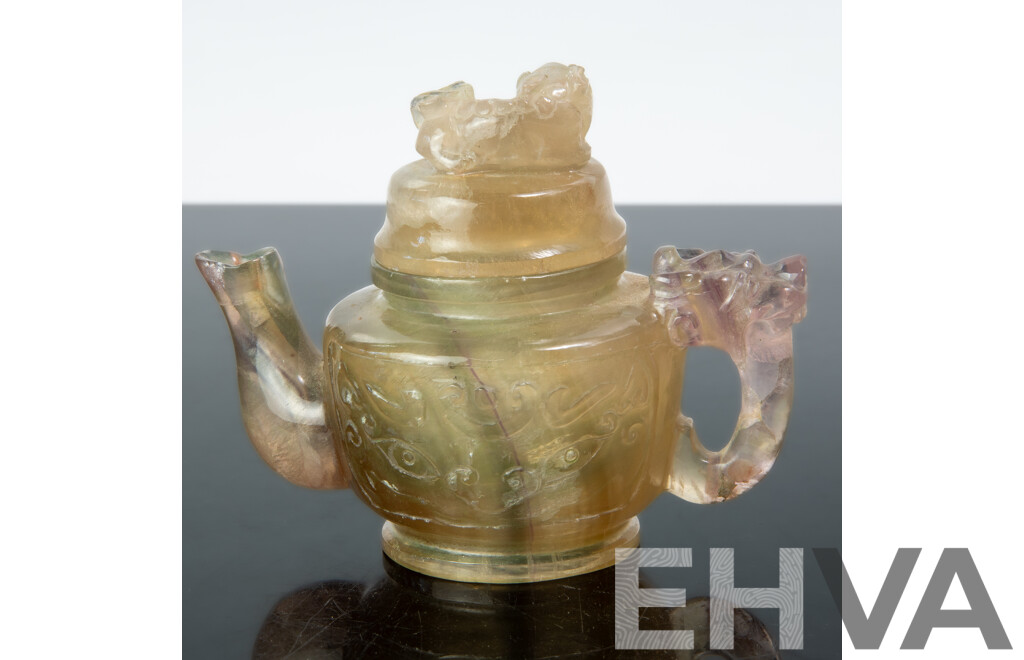 Antique Chinese Rock Crystal Lidded Teapot with Auspicious Bat Mask to Body, Dragon Handle and Pho Dog Finial to Lid