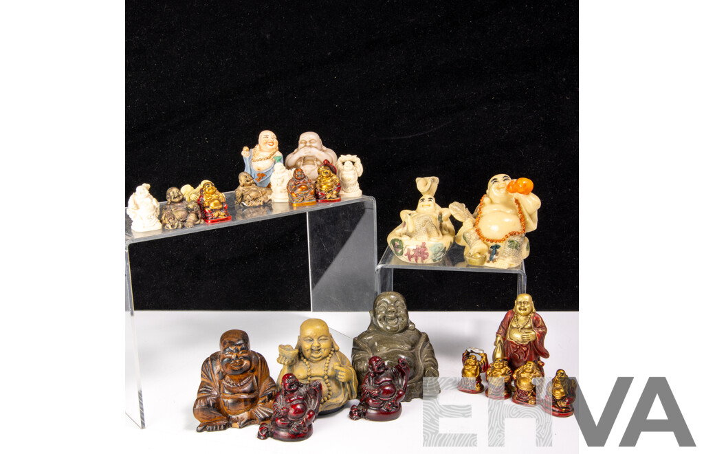 Collection Asian Buddha Figures Including Grey Stone, Four Small Bone, Wooden & Composite Examples