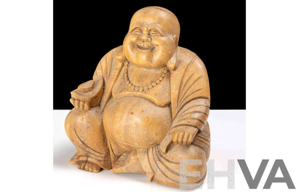 Asian Carved Wooden Happy Buddha Statue