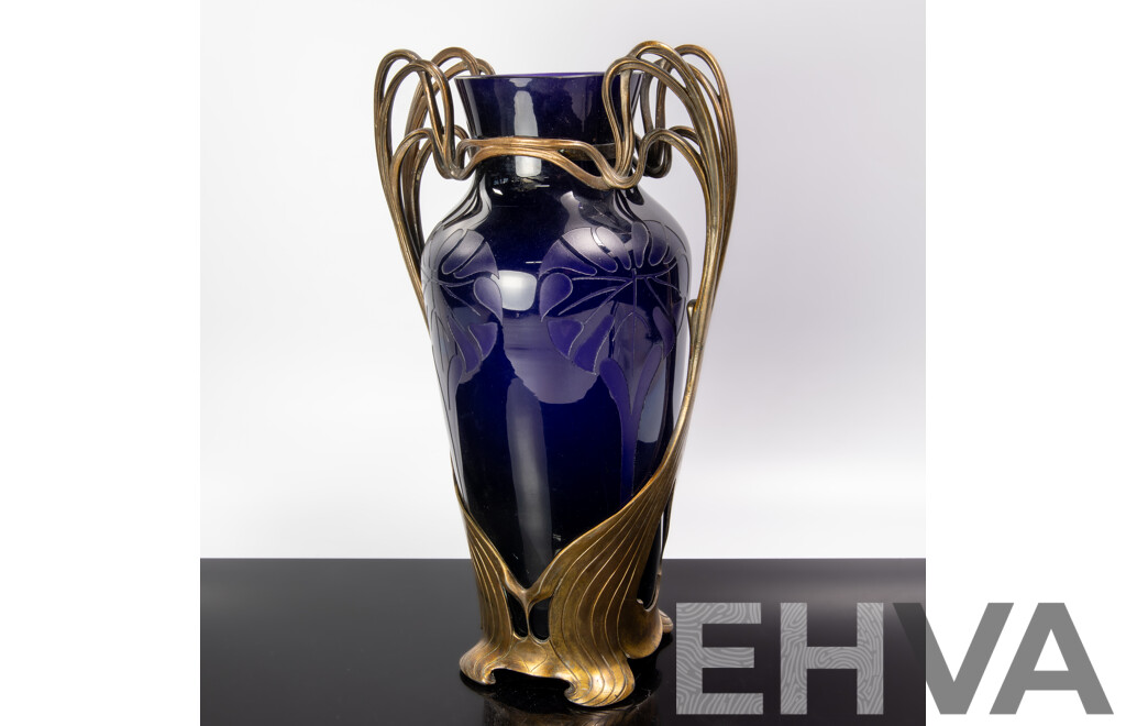 Fantastic Antique German Jugendstil Cobalt Blue Glass Lamp Base with Acid Etched Design and Metal Mount