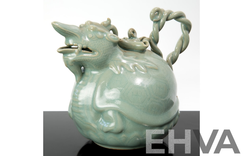 Vintage Korean Goryeo Style Celadon Dragon Turtle Ewer