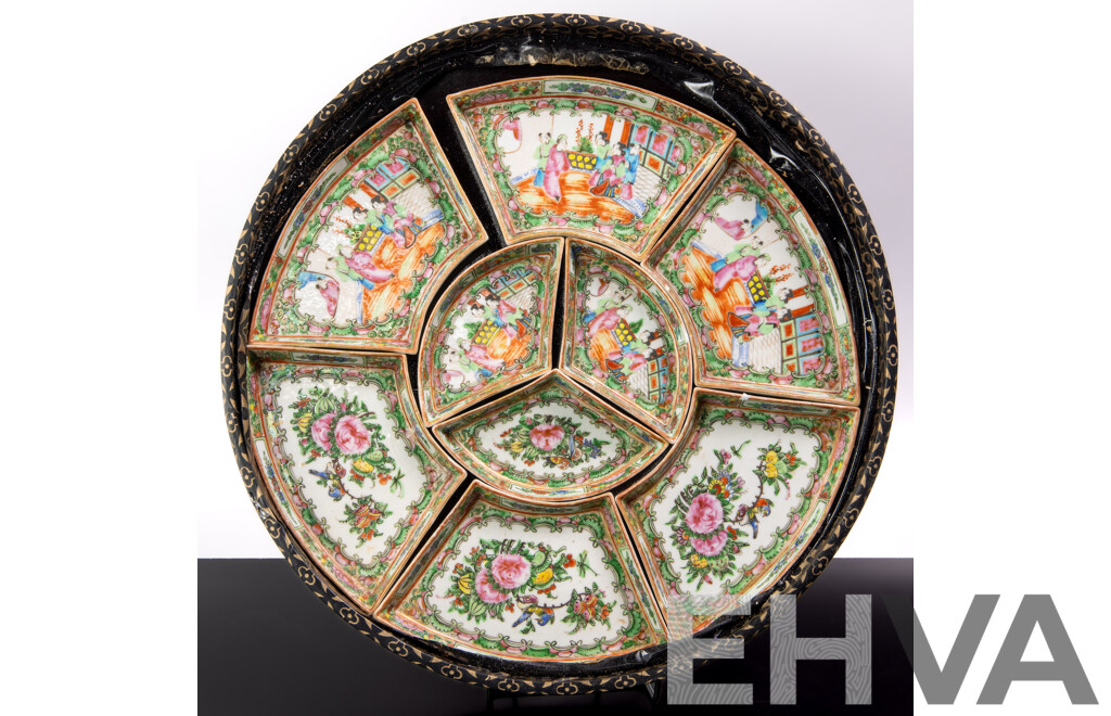 Antique Chinese Qing Porcelain Nine Sectioned Famille Rose Dishes on Wood Paper Covered Tray