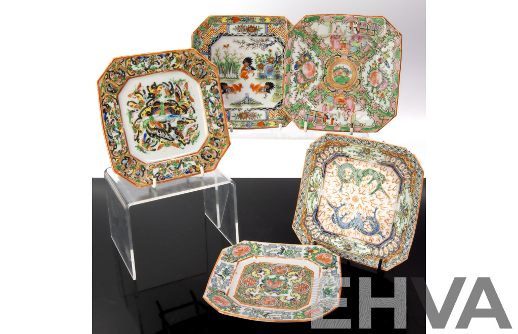 Collection Five Antique Chinese Qing Porcelain Hexagonal Form Side Plates Including Famille Rose Examples