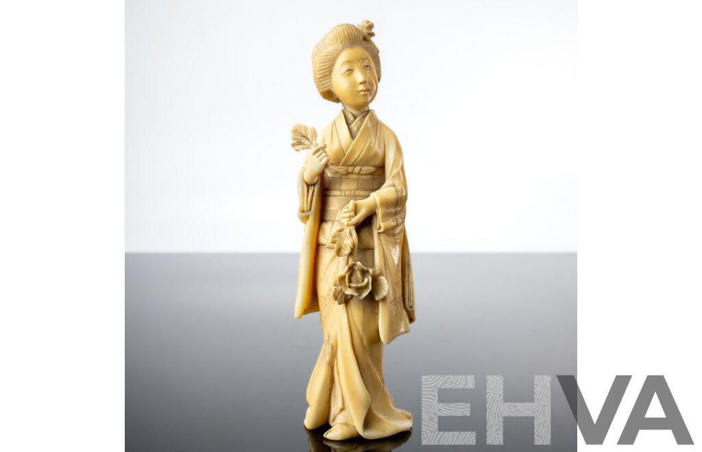 Antique Japanese Hand Carved Ivory Okimono of Female Form