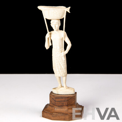 Antique Japanese Hand Carved Ivory Okimono of Fisherman with Fish in Basket, on Wooden Stand