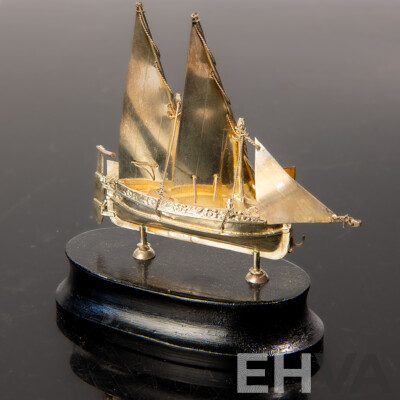 Vintage Sterling Silver Two Masted Boat with Lateen Rig on Wooden Stand