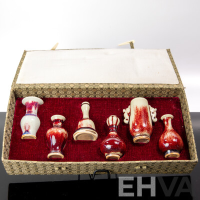 Collection Six Miniature Chinese Porcelain Vases with Classic Shapes and Sang De Boeuf Glaze