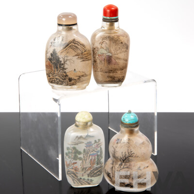 Collection Four Chinese Glass Hand Reverse Painted Scent Bottles with Turquoise, Coral, Stone & Glass Stoppers