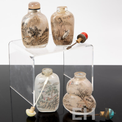 Collection Four Chinese Glass Hand Reverse Painted Scent Bottles with Turquoise, Coral, Stone & Glass Stoppers
