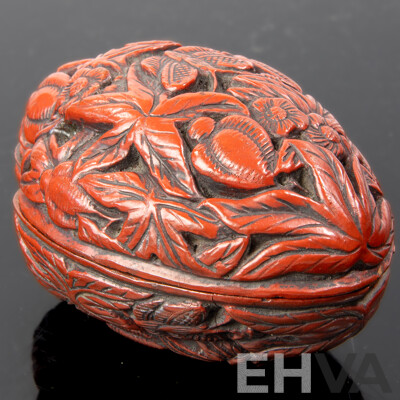 Antique Chinese Qing Cinnabar Lidded Peach Stone Form Container with Floral & Butterfly Motif