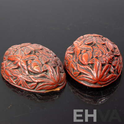 Antique Chinese Qing Cinnabar Lidded Peach Stone Form Container with Floral & Butterfly Motif