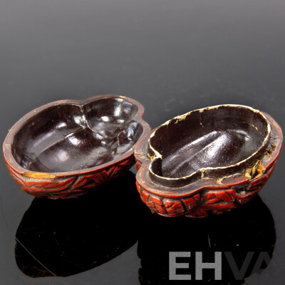 Antique Chinese Qing Cinnabar Lidded Peach Stone Form Container with Floral & Butterfly Motif