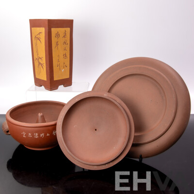 Collection Three Chinese Yixing Style Pieces Comprising Vase with Seal Mark, Lidded Hotpot & Plate with Cherry Blossom Motif