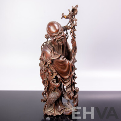 Antique Chinese Shou Xing God of Longevity Carved Wooden Figure