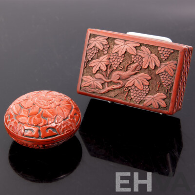 Two Vintage Chinese Cinnabar Lidded Boxes Including Example with Civet Motif to Lid