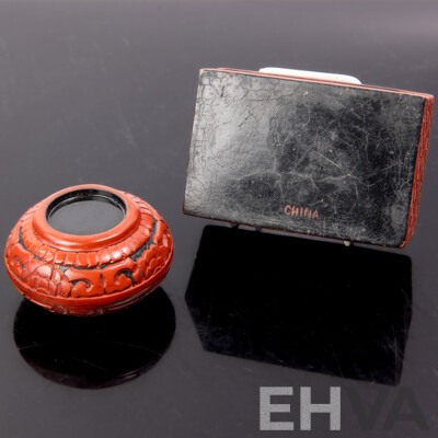 Two Vintage Chinese Cinnabar Lidded Boxes Including Example with Civet Motif to Lid