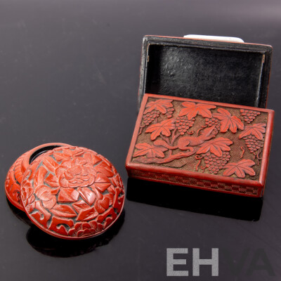 Two Vintage Chinese Cinnabar Lidded Boxes Including Example with Civet Motif to Lid