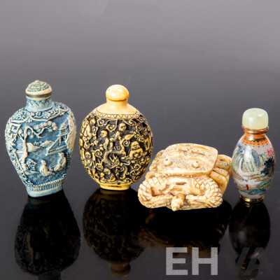 Collection Four Antique Chinese Snuff Bottles Comprising Bone Crab Form Example, Two Composite Examples & Glass Example with Reverse Painted Scene