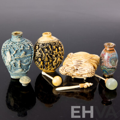 Collection Four Antique Chinese Snuff Bottles Comprising Bone Crab Form Example, Two Composite Examples & Glass Example with Reverse Painted Scene