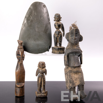 Collection Antique Tribal Hand Carved Pieces Including PNG Green Stone Axe Head and Four Wooden Figures