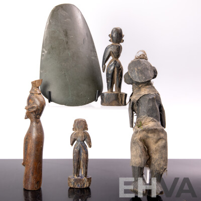 Collection Antique Tribal Hand Carved Pieces Including PNG Green Stone Axe Head and Four Wooden Figures