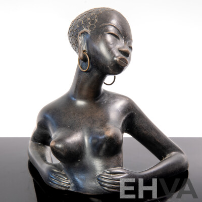 Fantastic Vintage Austrian Art Deco Leopold Anzengruber African Lady Bust with Brass Hoop Earings