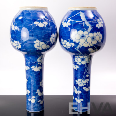 Nice Pair Antique Chinese Blue and White Prunus Motif Porcelain Vases, Apocryphal Kangxi Character Marks to Bases