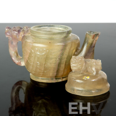 Antique Chinese Rock Crystal Lidded Teapot with Auspicious Bat Mask to Body, Dragon Handle and Pho Dog Finial to Lid