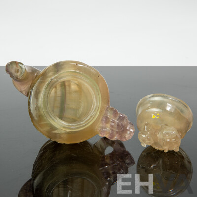 Antique Chinese Rock Crystal Lidded Teapot with Auspicious Bat Mask to Body, Dragon Handle and Pho Dog Finial to Lid