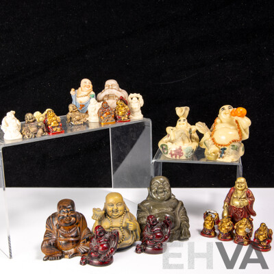 Collection Asian Buddha Figures Including Grey Stone, Four Small Bone, Wooden & Composite Examples