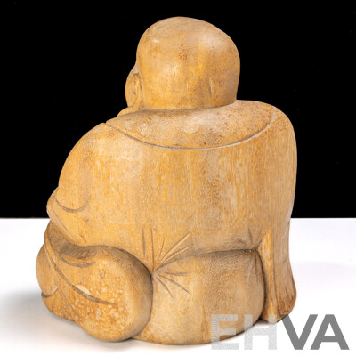 Asian Carved Wooden Happy Buddha Statue