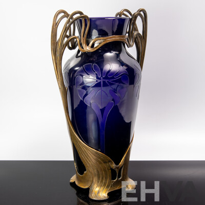 Fantastic Antique German Jugendstil Cobalt Blue Glass Lamp Base with Acid Etched Design and Metal Mount
