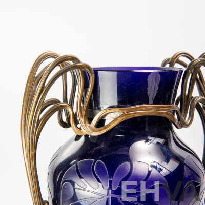 Fantastic Antique German Jugendstil Cobalt Blue Glass Lamp Base with Acid Etched Design and Metal Mount