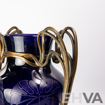 Fantastic Antique German Jugendstil Cobalt Blue Glass Lamp Base with Acid Etched Design and Metal Mount