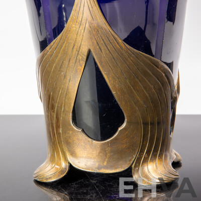 Fantastic Antique German Jugendstil Cobalt Blue Glass Lamp Base with Acid Etched Design and Metal Mount