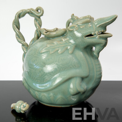 Vintage Korean Goryeo Style Celadon Dragon Turtle Ewer