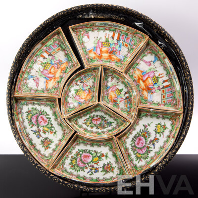 Antique Chinese Qing Porcelain Nine Sectioned Famille Rose Dishes on Wood Paper Covered Tray