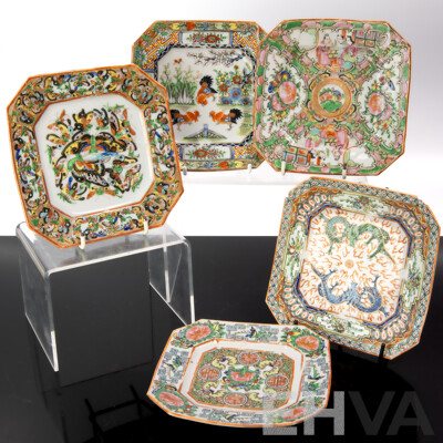 Collection Five Antique Chinese Qing Porcelain Hexagonal Form Side Plates Including Famille Rose Examples